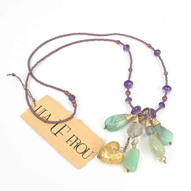 Long beaded necklace with multiple pendant charms in amethyst, fluorite, chrysoprase and prehnite stones. Designed and handcrafted by Ula Frou creator Sadie Hodson on Salt Spring Island.